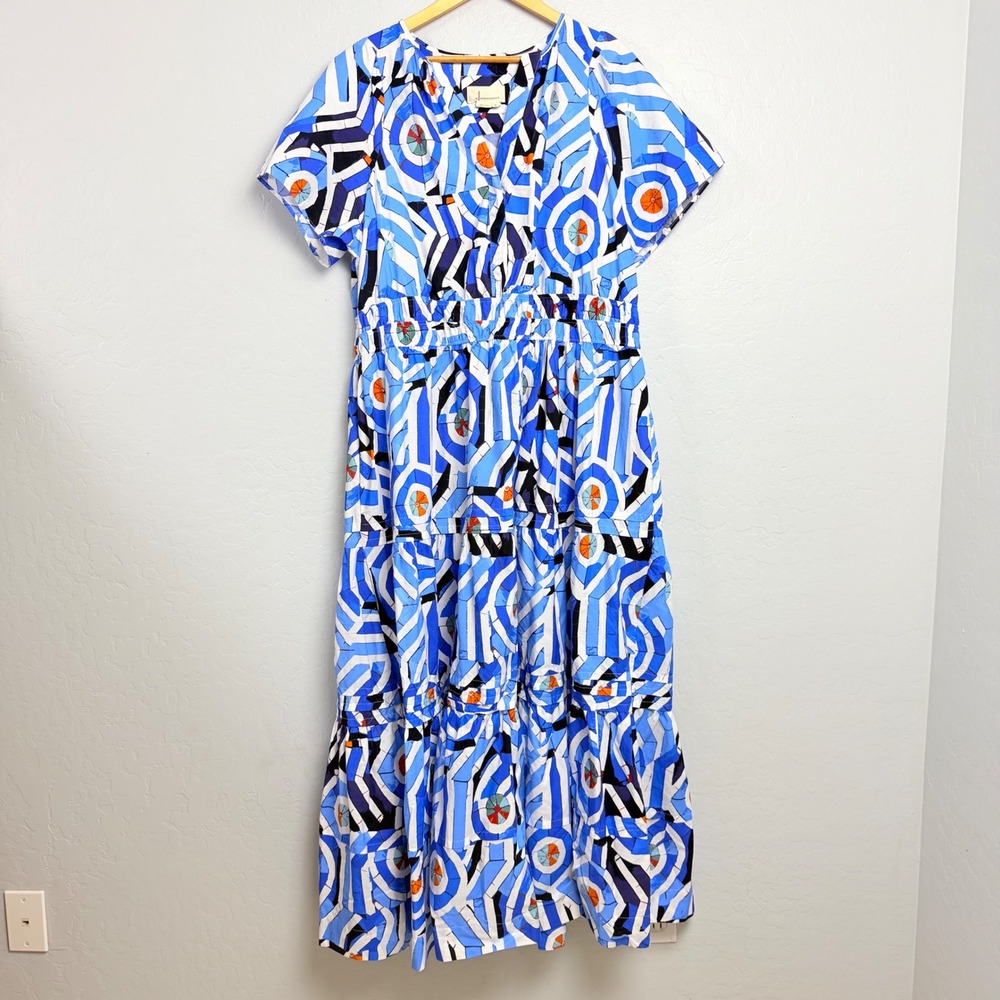 Anthropologie Somerset Maxi Dress 2X Blue White Geometric Umbrella Print Tiered